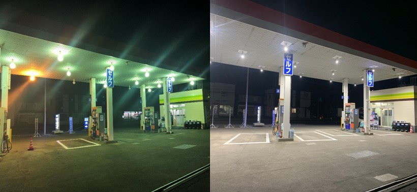 ガソリンスタンド照明のLED導入前後比較
